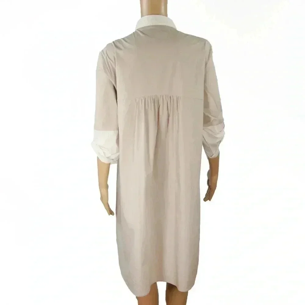 Hubert Gasser Bush Taupe Cream Short Sleeve Shirt Midi Dress - Picture 3 of 5